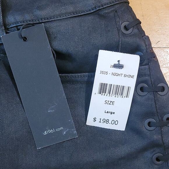 DL1961 Sandra Night Shine Black Coated Lace‑Up Denim Mini Skirt L NWT - Picture 5 of 16